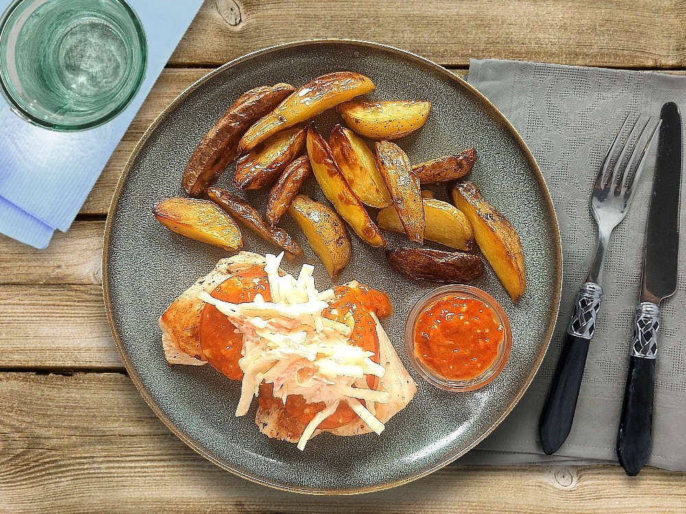 Vegan Strips mit Paprika-BBQ-Sauce zu Coleslaw und Potatowedges