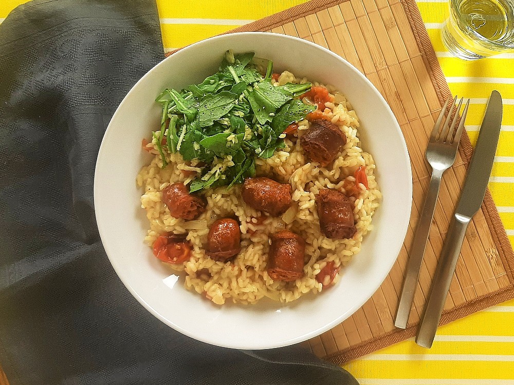 Risotto mit gerösteten Tomaten zu Chorizo und Rucola-Fenchel-Salat