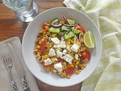 Cajuncouscous mit schwarzen Bohnen und Mais