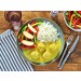 Dänische Fleischbällchen in Currysauce mit Paprikasalat und Reis