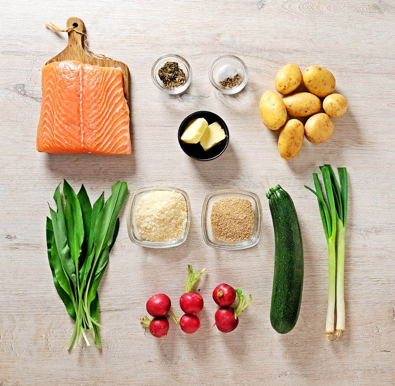 Zutaten Kochbox Lachs mit Bärlauchkruste zu Frühlingsgemüse & Hasselback-Kräuterkartoffeln